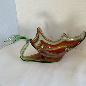 Swan bowl Mid-Century Modern vintage sooner slag glass oranges and green